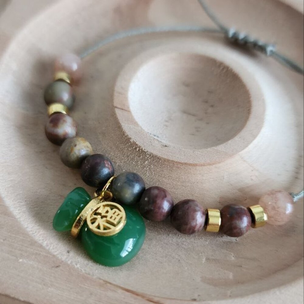 Adjustable Multicolor Jasper Bracelet with Green Jade Money Bag Charm